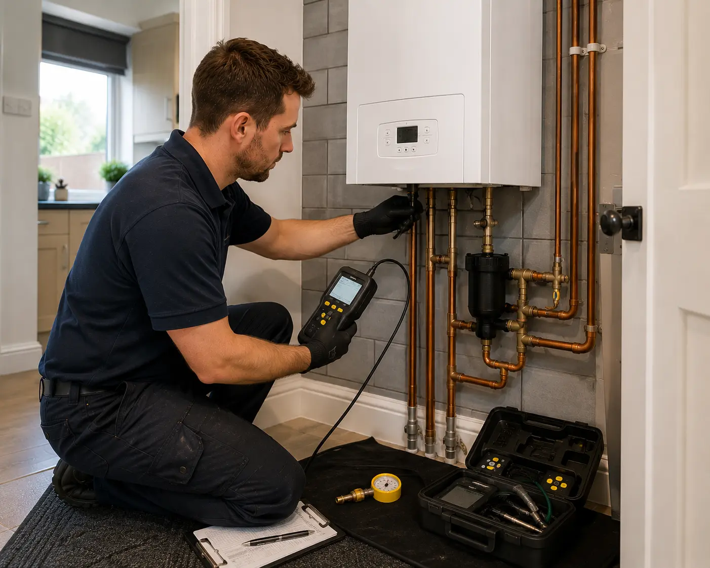 Commercial gas engineer testing a boiler's gas system
