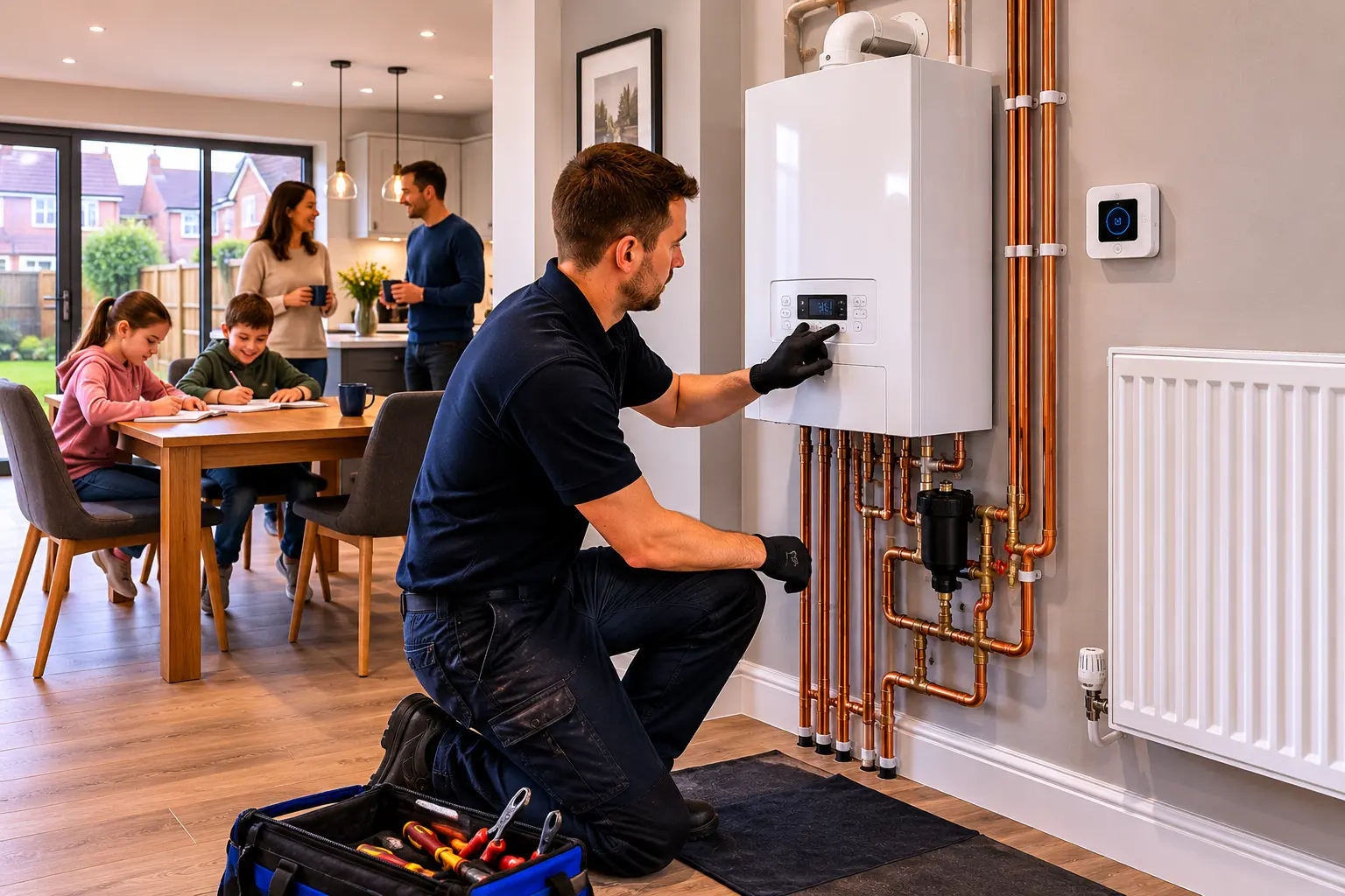 Commercial gas engineer adjusting a boiler in a modern home