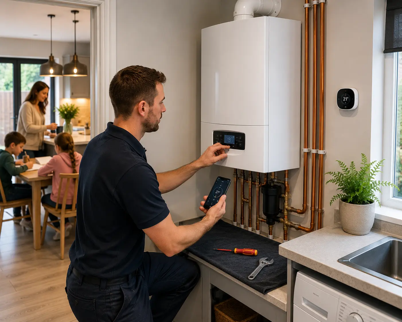 Commercial gas engineer adjusting a boiler in a modern kitchen.