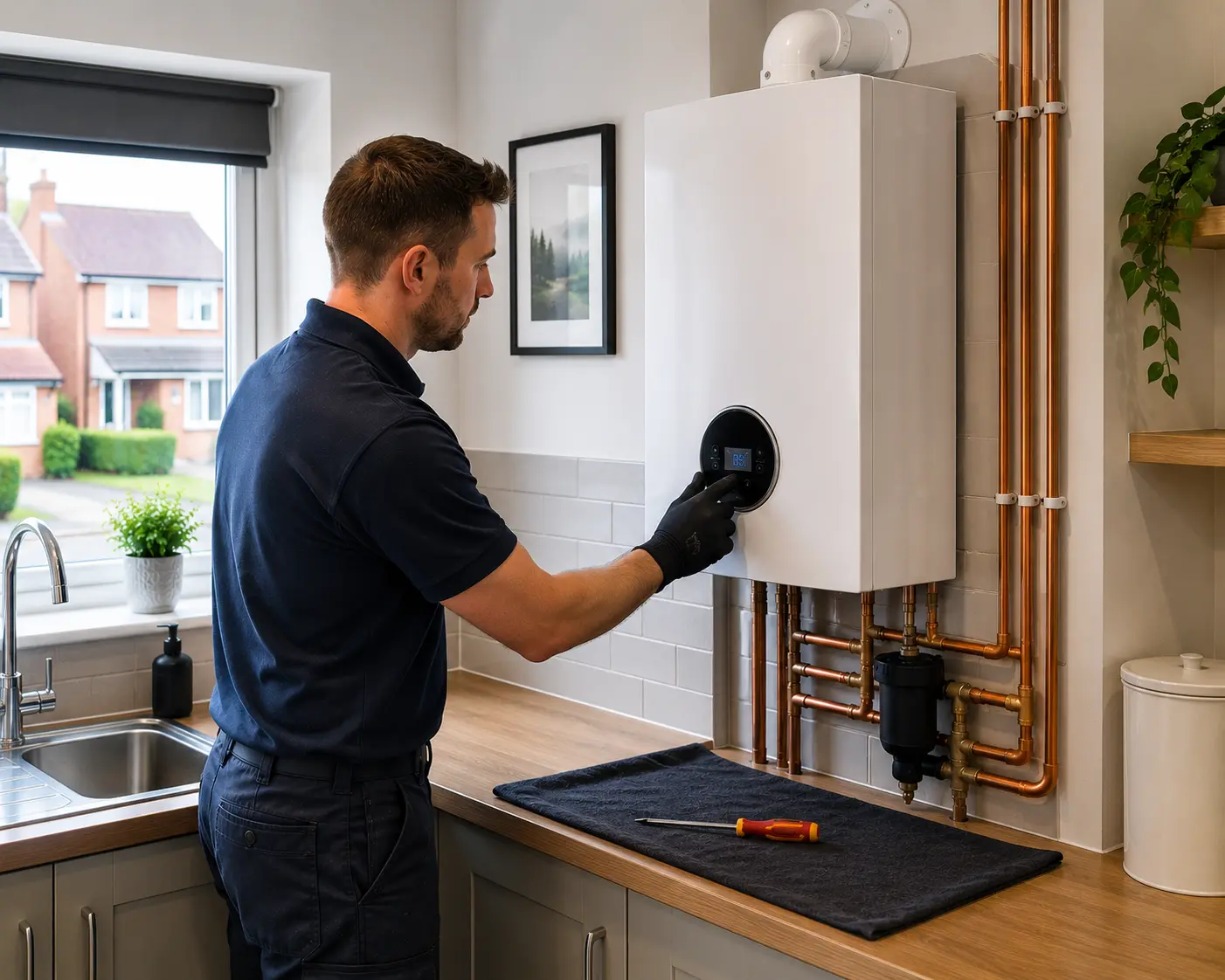 A commercial gas engineer adjusting a boiler in a modern kitchen.