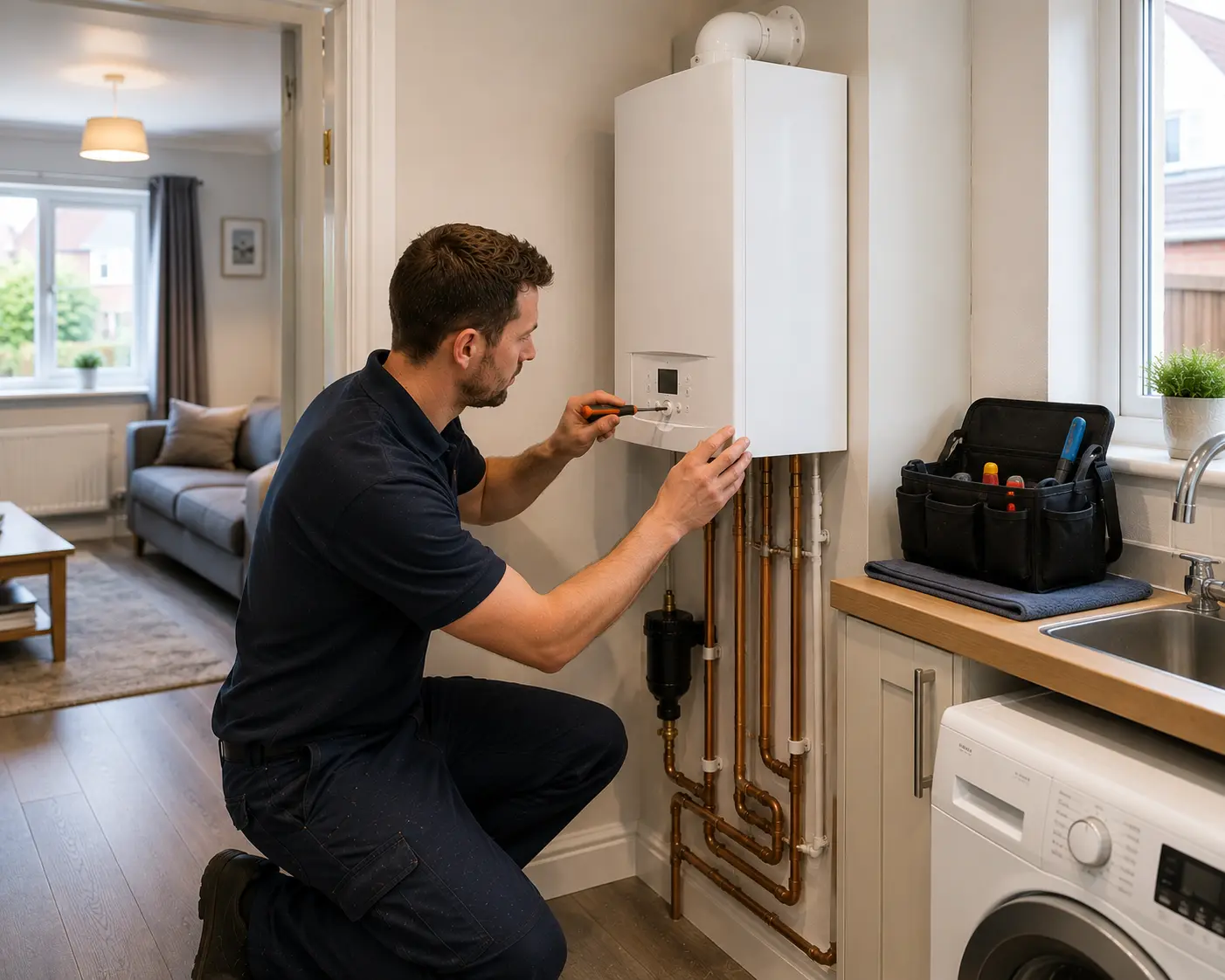 A commercial gas engineer adjusting a gas boiler in a home.