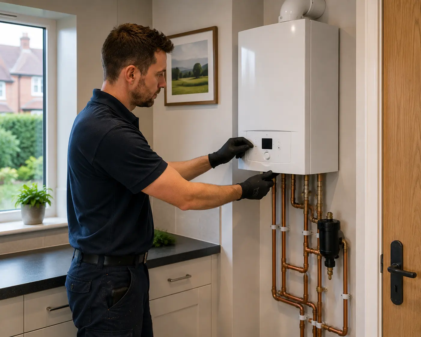 Commercial gas engineer working on a boiler in a residential kitchen