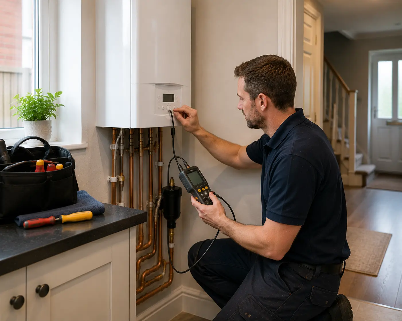 Commercial gas engineer inspecting a gas appliance in a home.