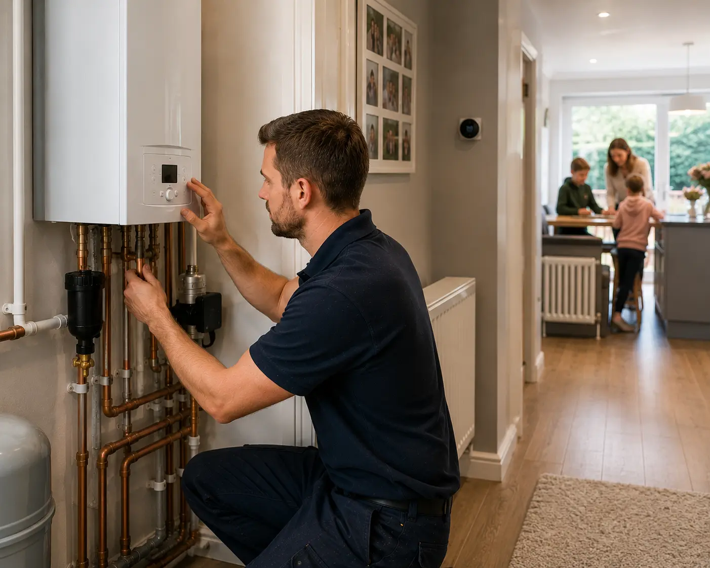 Commercial gas engineer servicing a gas boiler in a home
