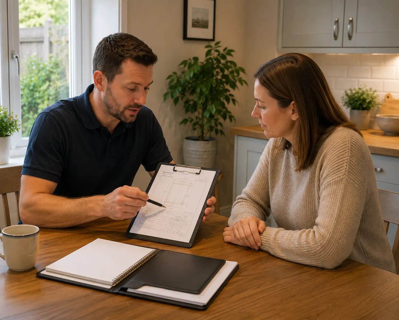 Commercial gas engineer discussing plans with a client