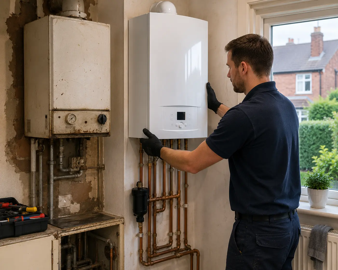 Gas engineer working on a boiler installation in a residential setting