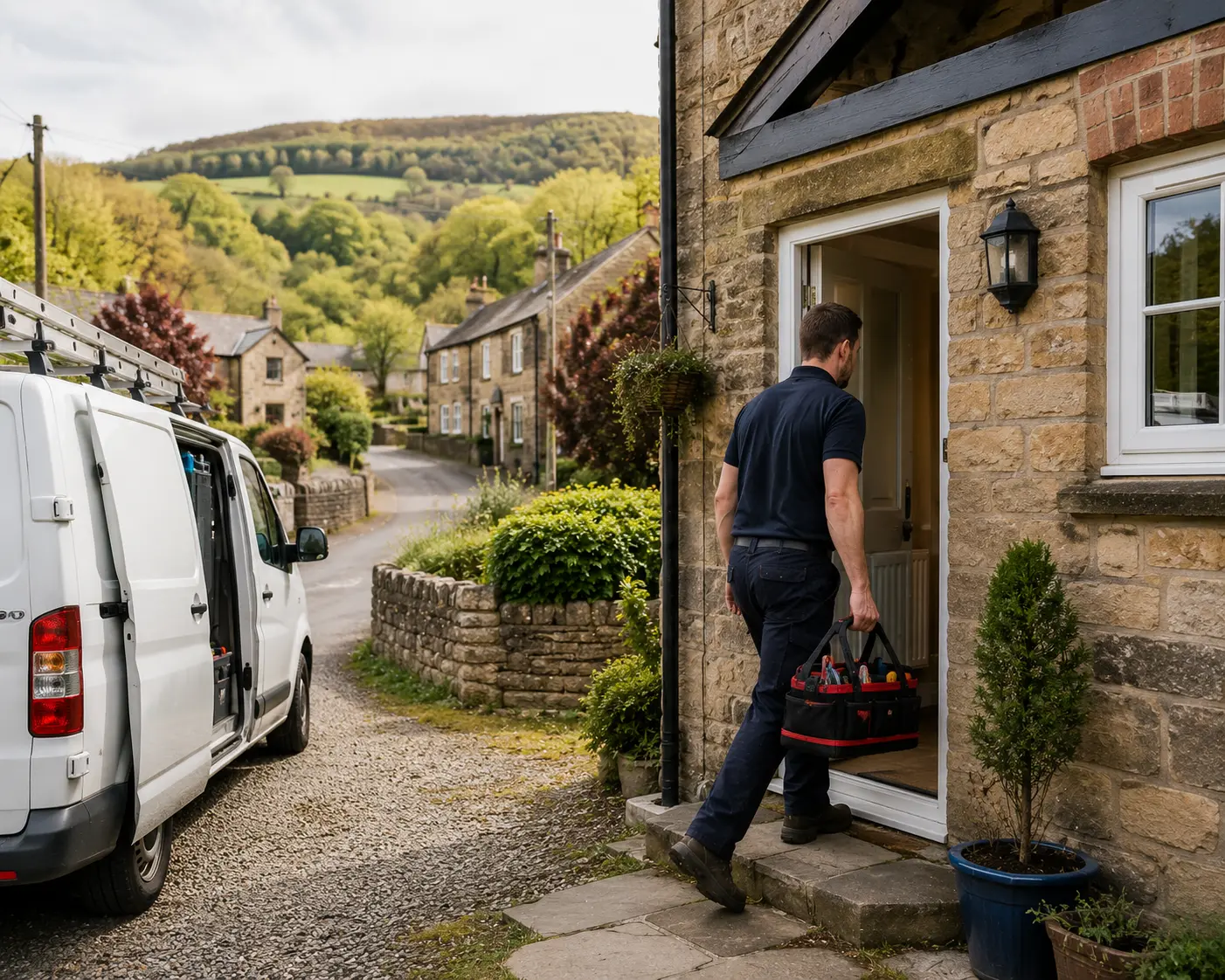 Commercial gas engineer carrying tools to a residential property