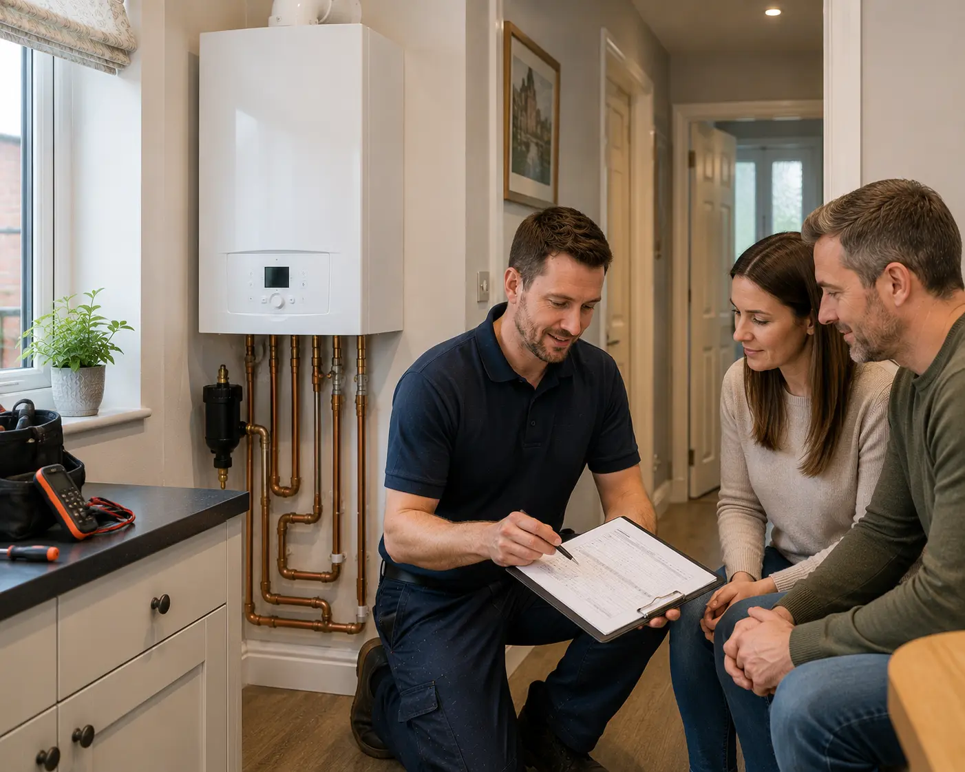 Commercial gas engineer explaining service details to clients.