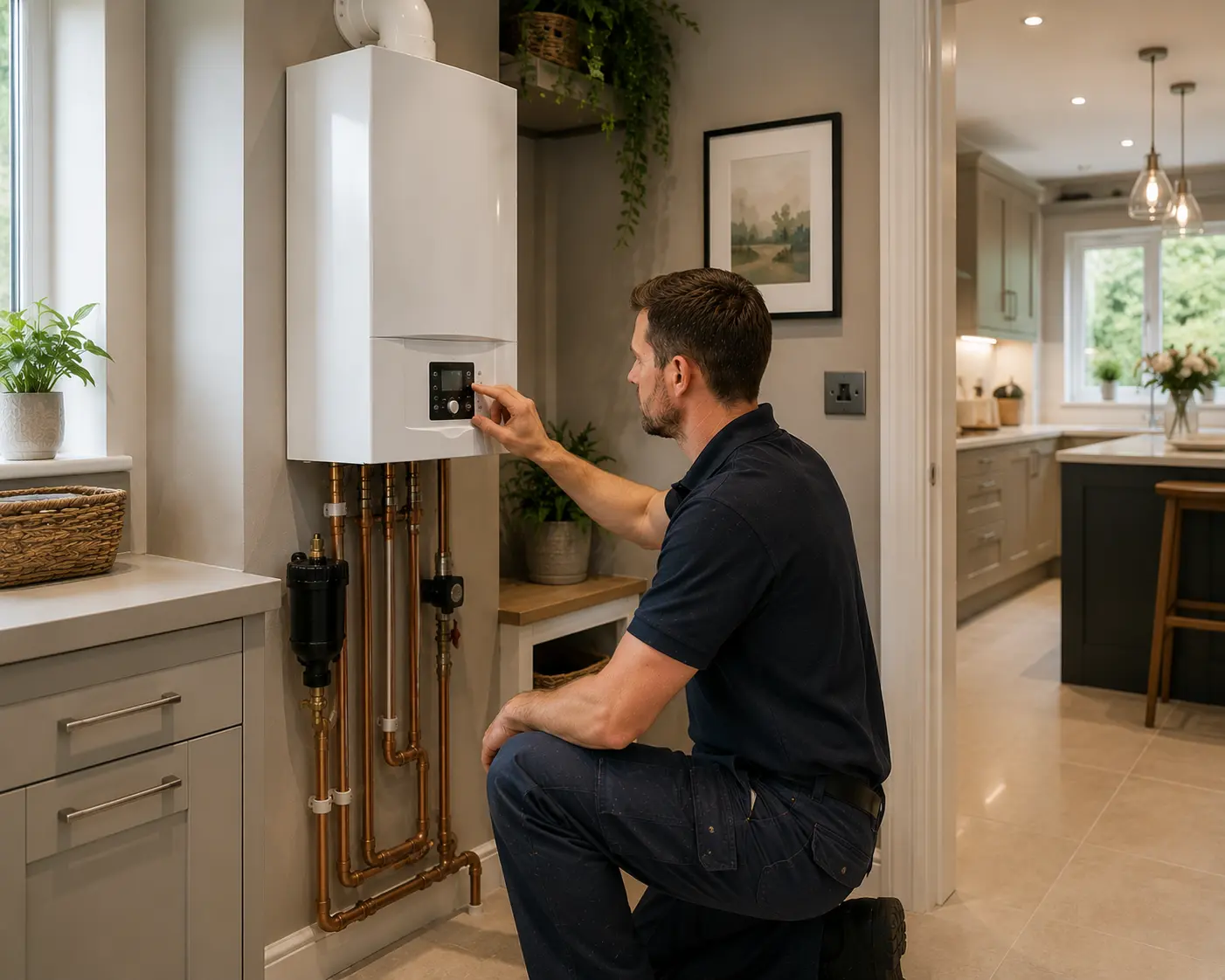 Commercial gas engineer operating a boiler control panel in a kitchen.