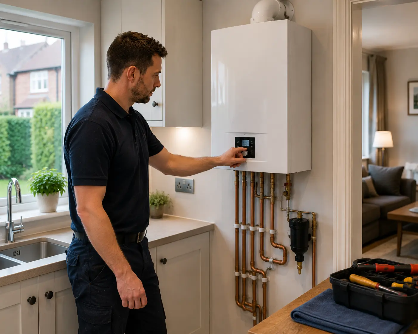 Gas engineer operating a boiler in a modern kitchen.