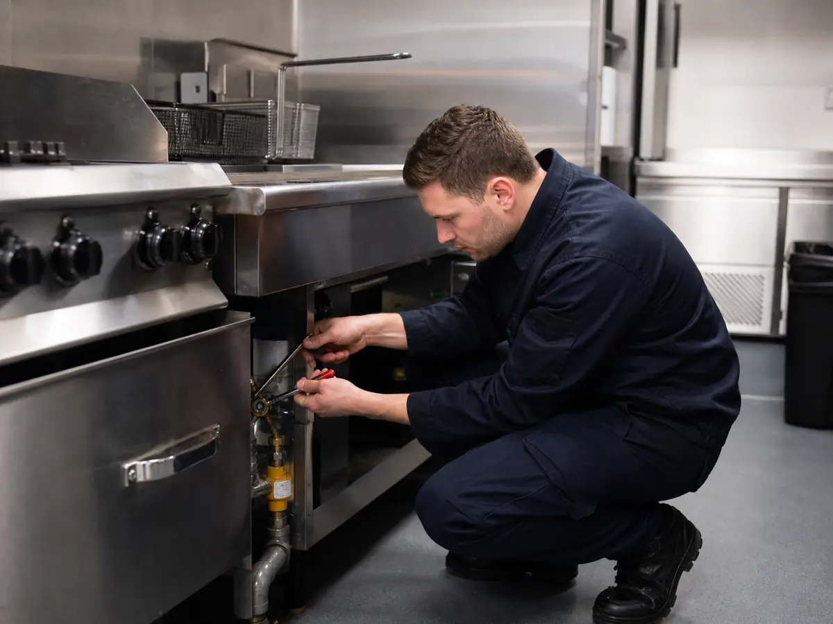 A commercial gas engineer repairing gas equipment in a kitchen.