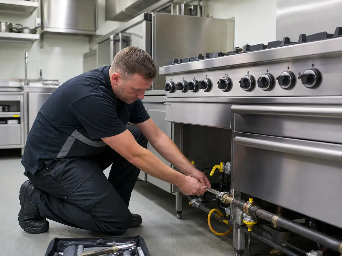 Gas engineer servicing equipment in a commercial kitchen