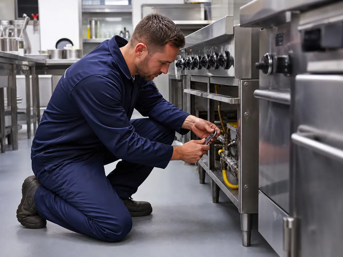 Commercial gas engineer servicing gas appliances in a kitchen