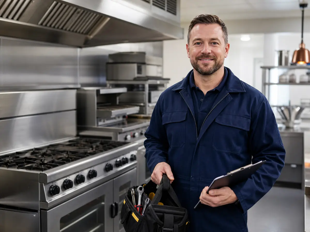 Commercial gas engineer holding tools in a modern kitchen.