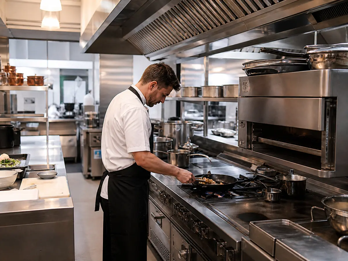 Commercial gas engineer working in a professional kitchen.