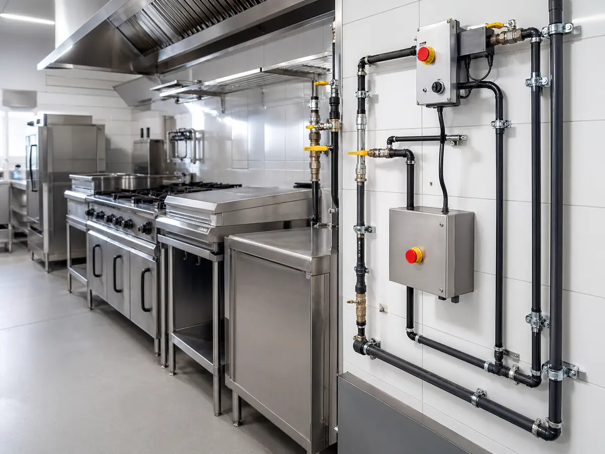 Gas appliances and pipework in a commercial kitchen setting