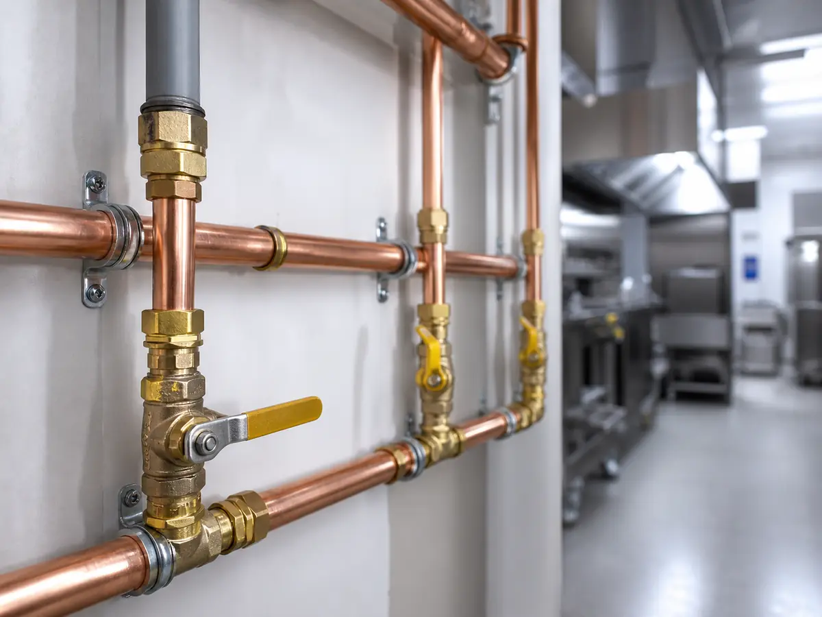 Copper gas pipework with valves in a commercial kitchen setting