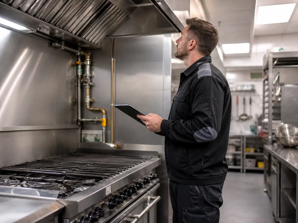 Gas engineer assessing equipment in a commercial kitchen setting