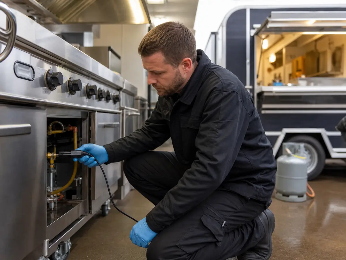 A commercial gas engineer checking gas connections in a kitchen.