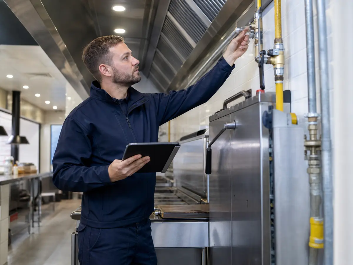 Gas engineer checking appliances in a commercial kitchen
