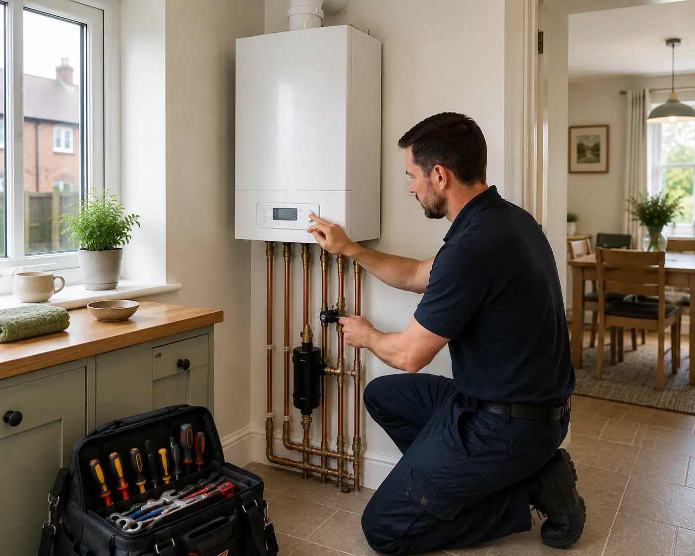 Commercial gas engineer adjusting a gas boiler in a kitchen.