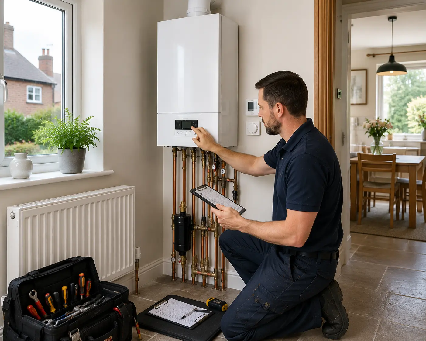 Commercial gas engineer checking boiler controls in a home