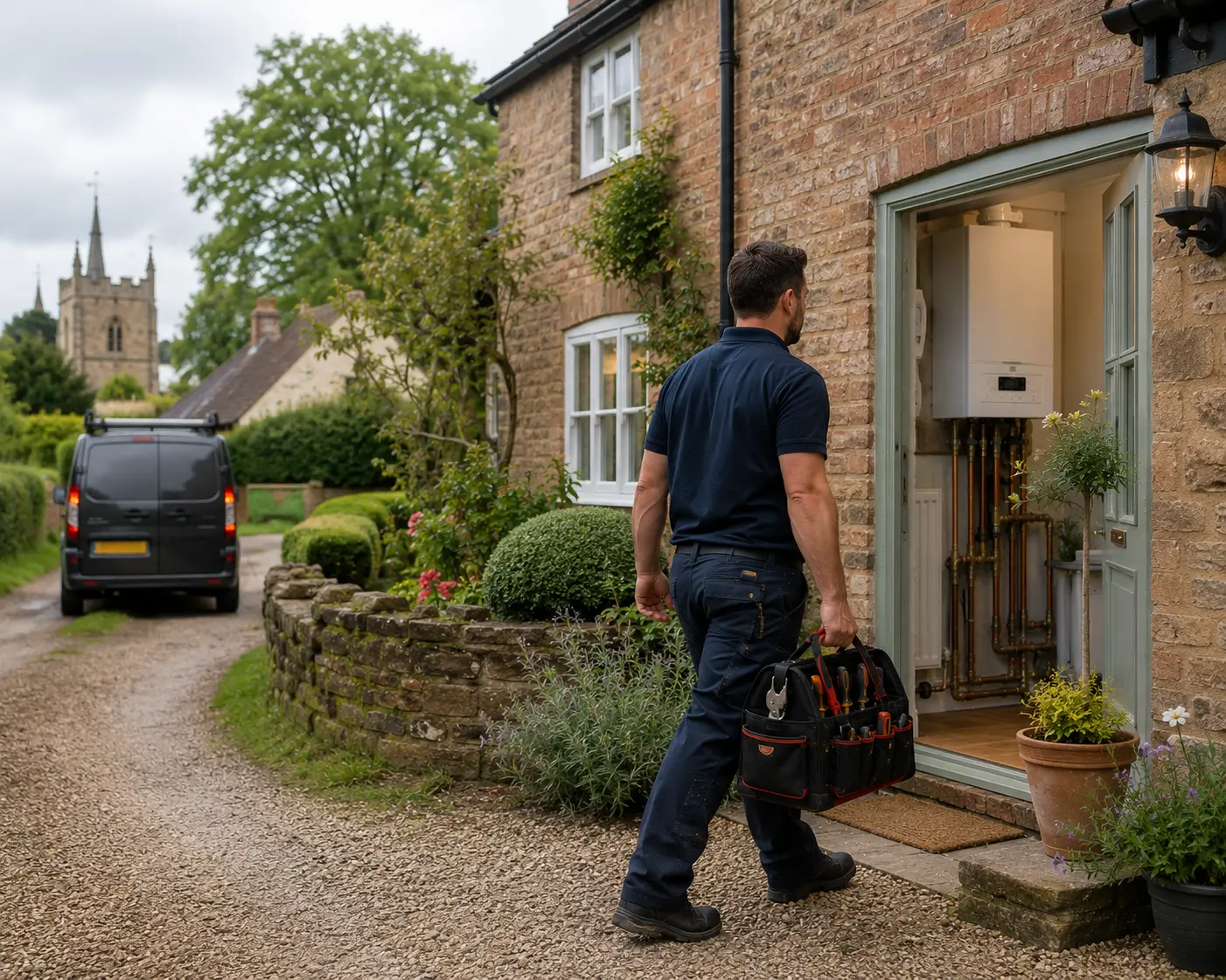 Commercial gas engineer carrying tools to a house entrance