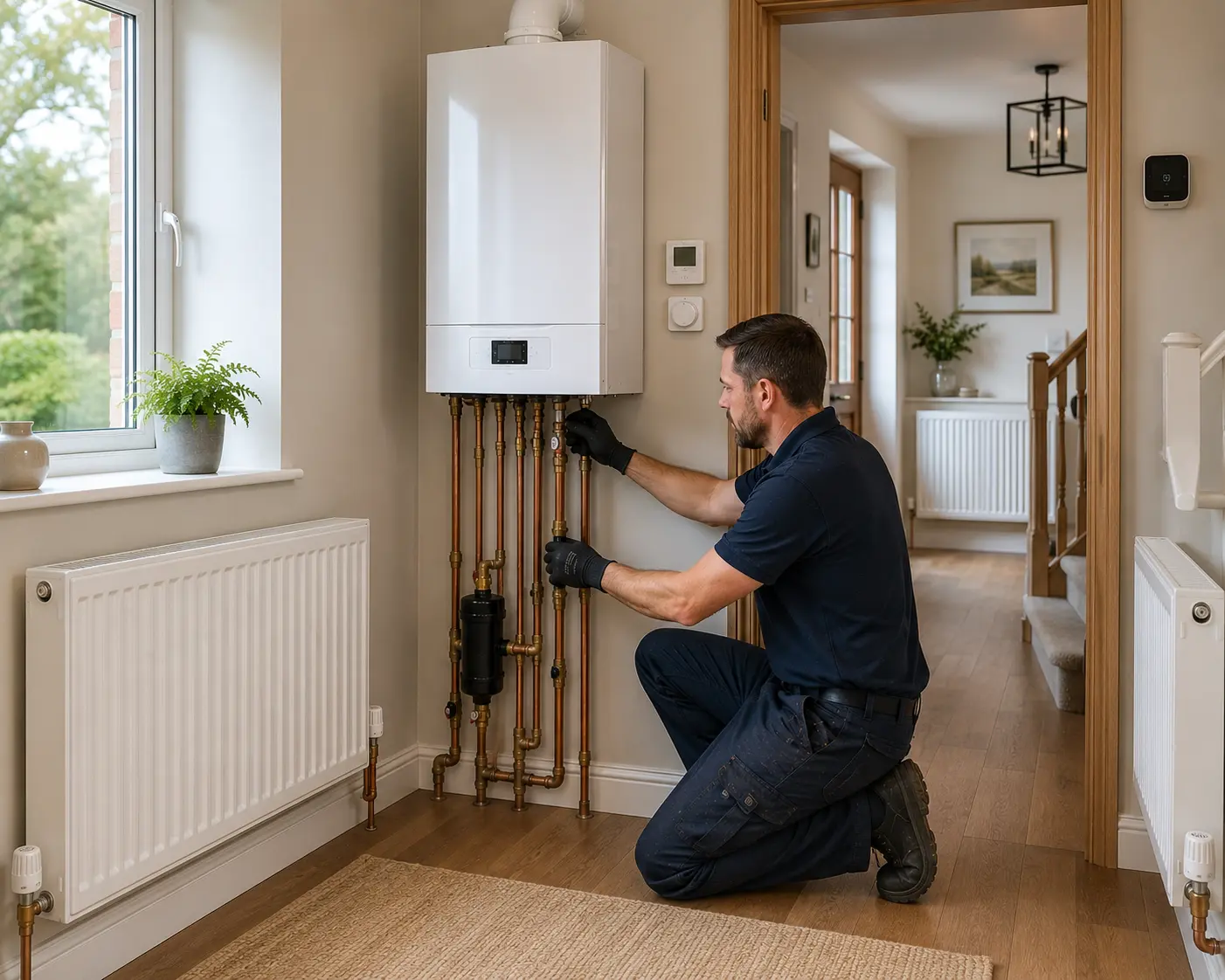 Gas engineer servicing a boiler and pipework in a residential setting
