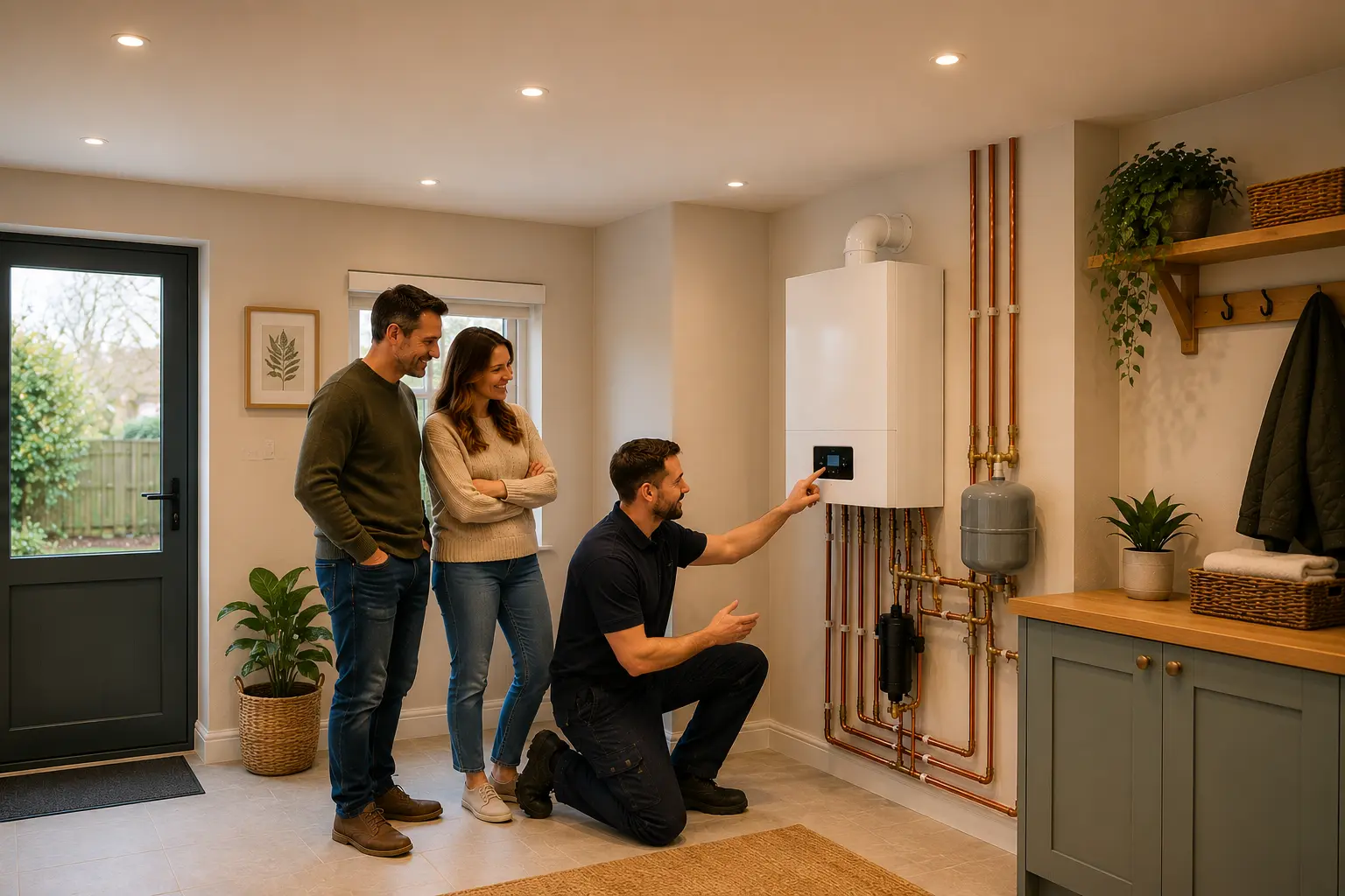Commercial gas engineer demonstrating boiler controls to clients