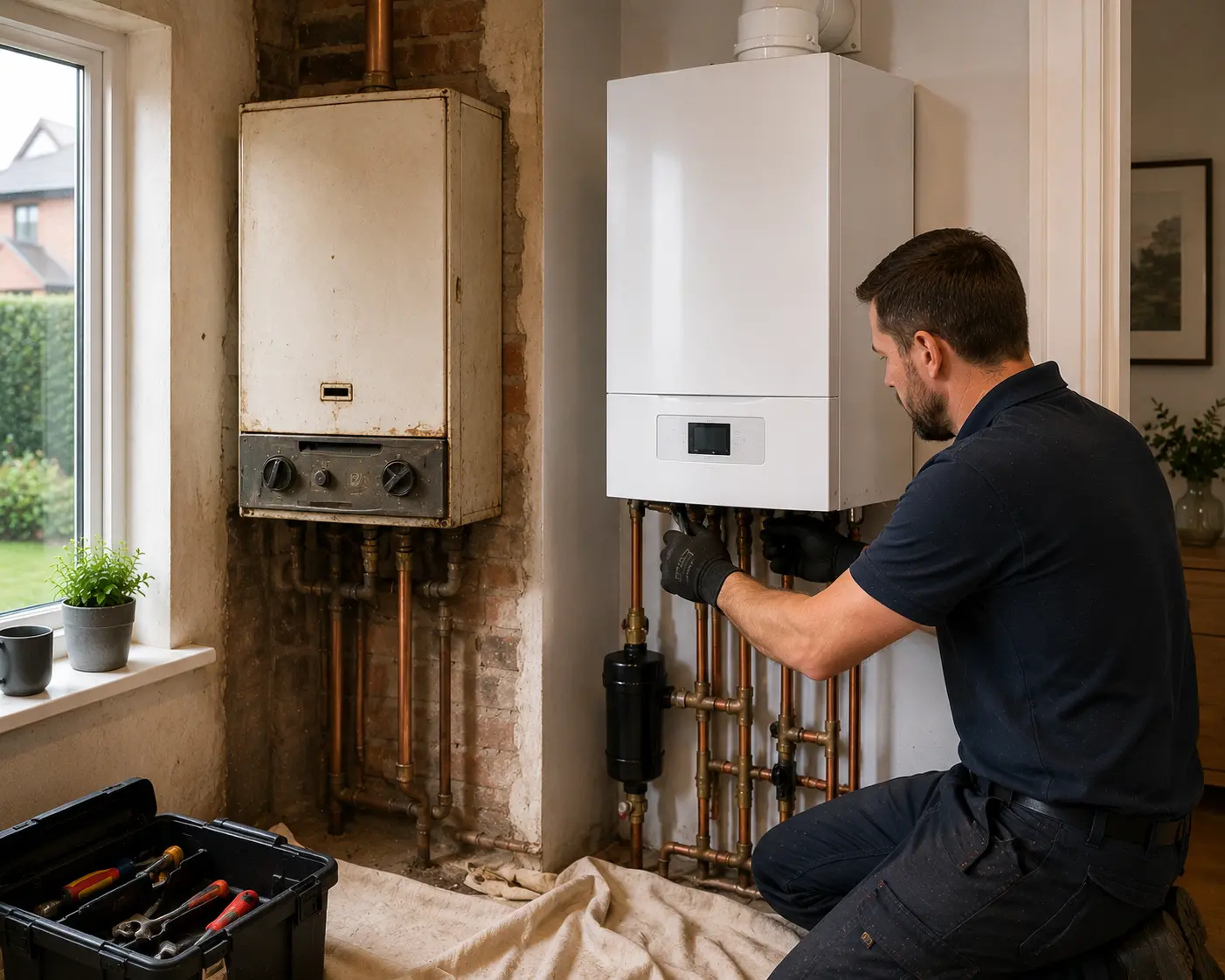 Commercial gas engineer adjusting gas appliances in a residential setting