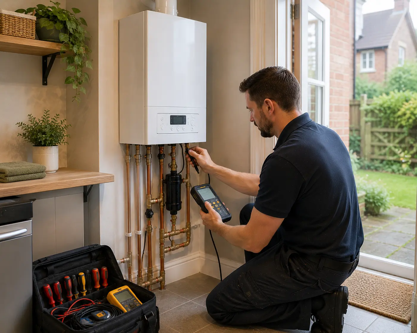 Commercial gas engineer inspecting gas appliances in a home.