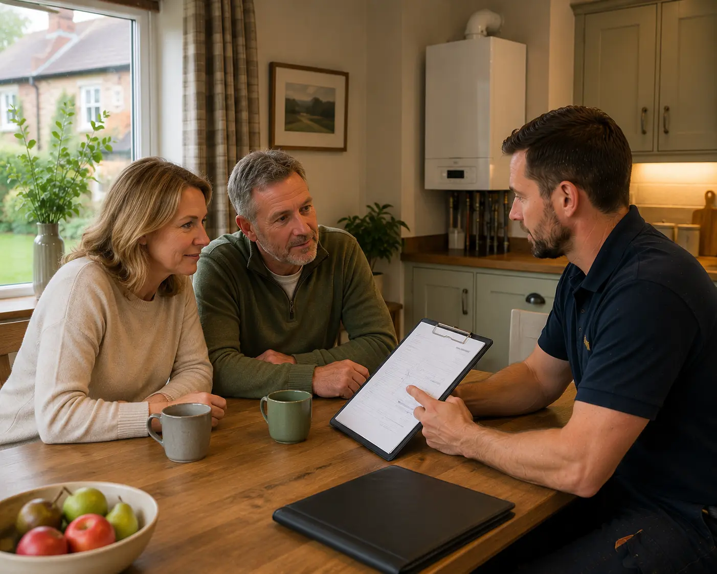 Commercial gas engineer discussing service options with clients
