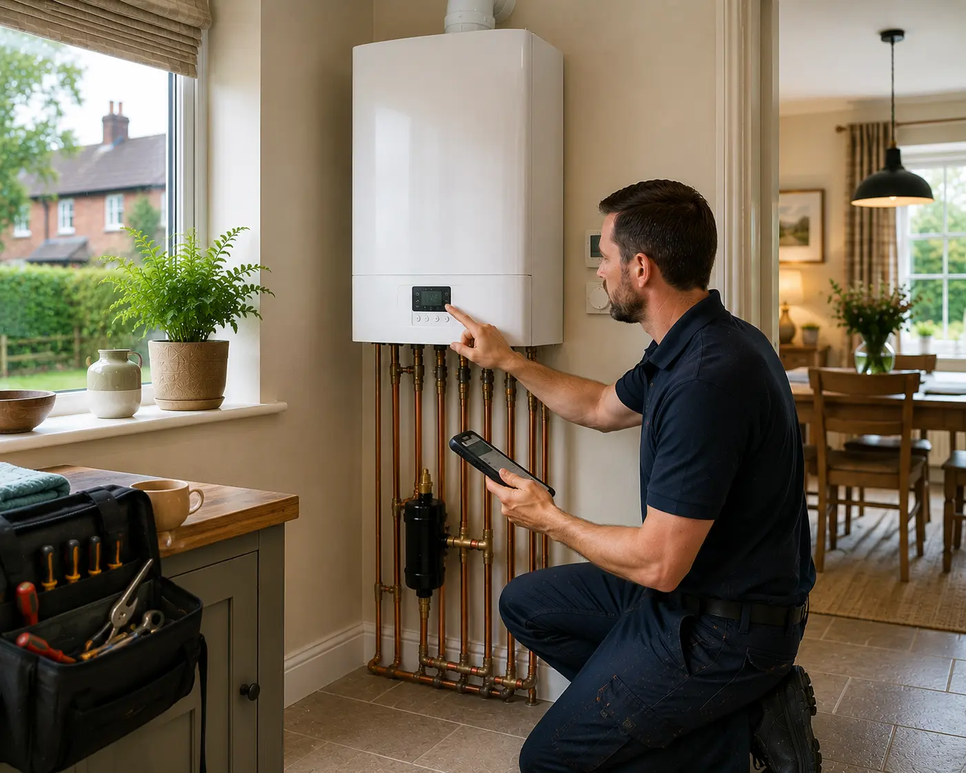 Gas engineer adjusting settings on a residential boiler.