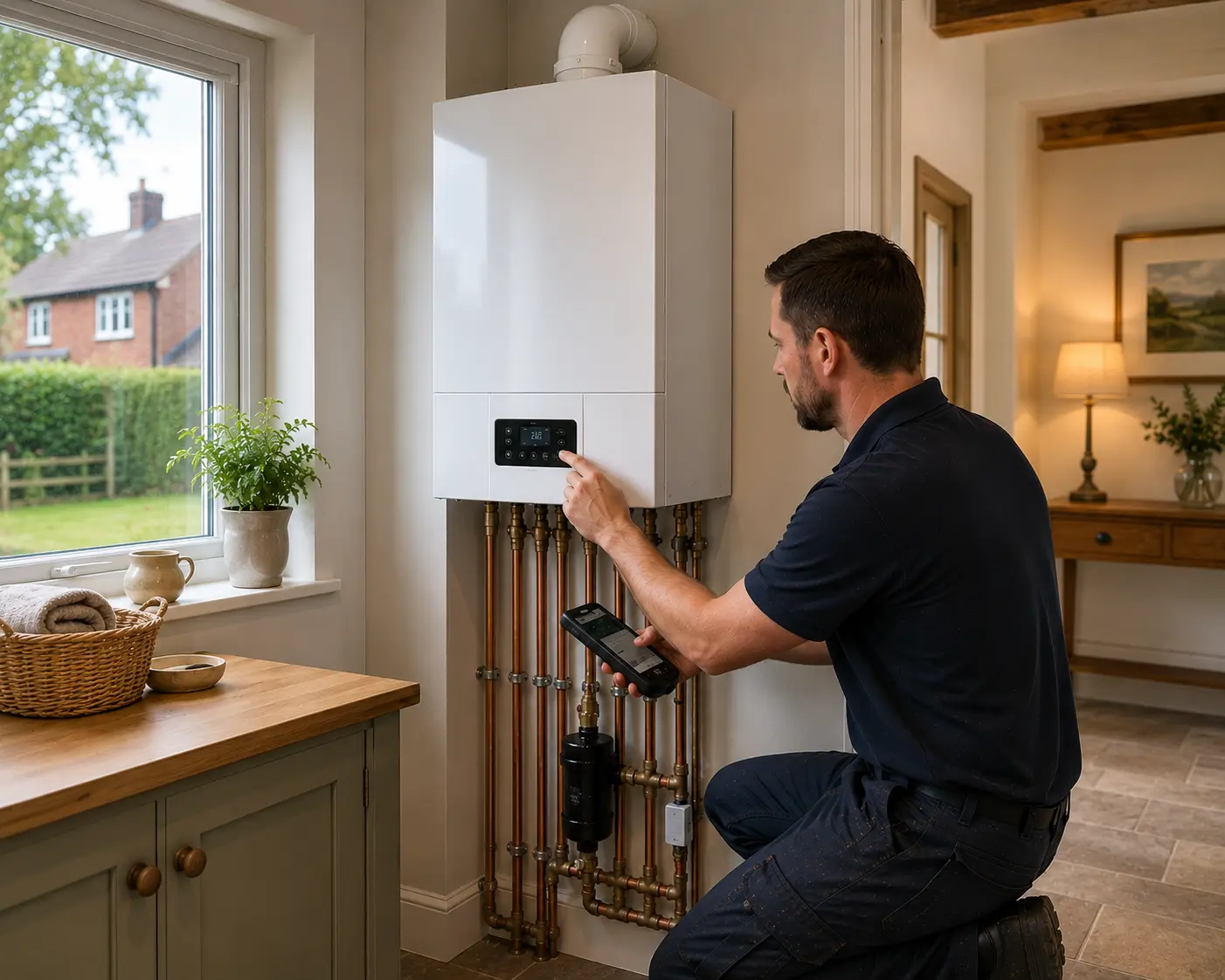Commercial gas engineer adjusting a boiler control panel