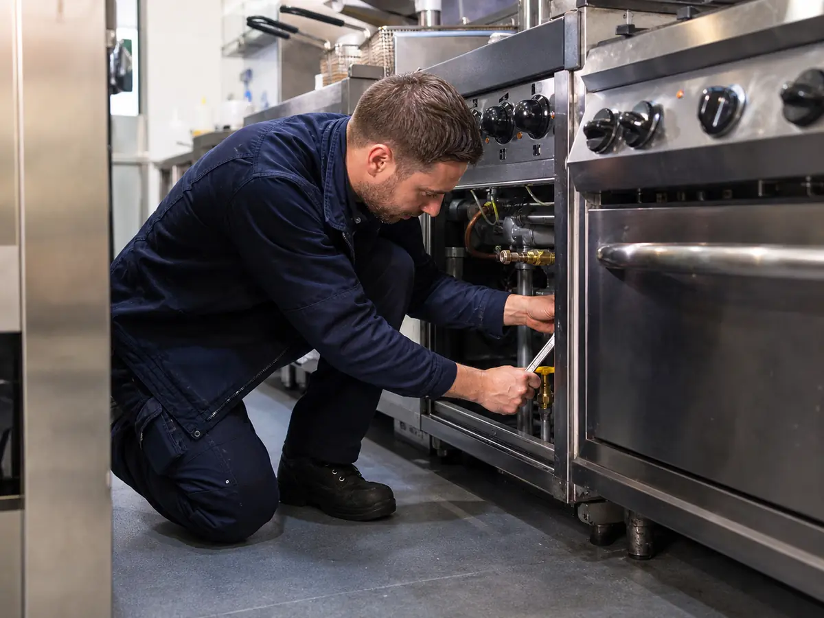 Commercial gas engineer servicing gas appliances in a kitchen.