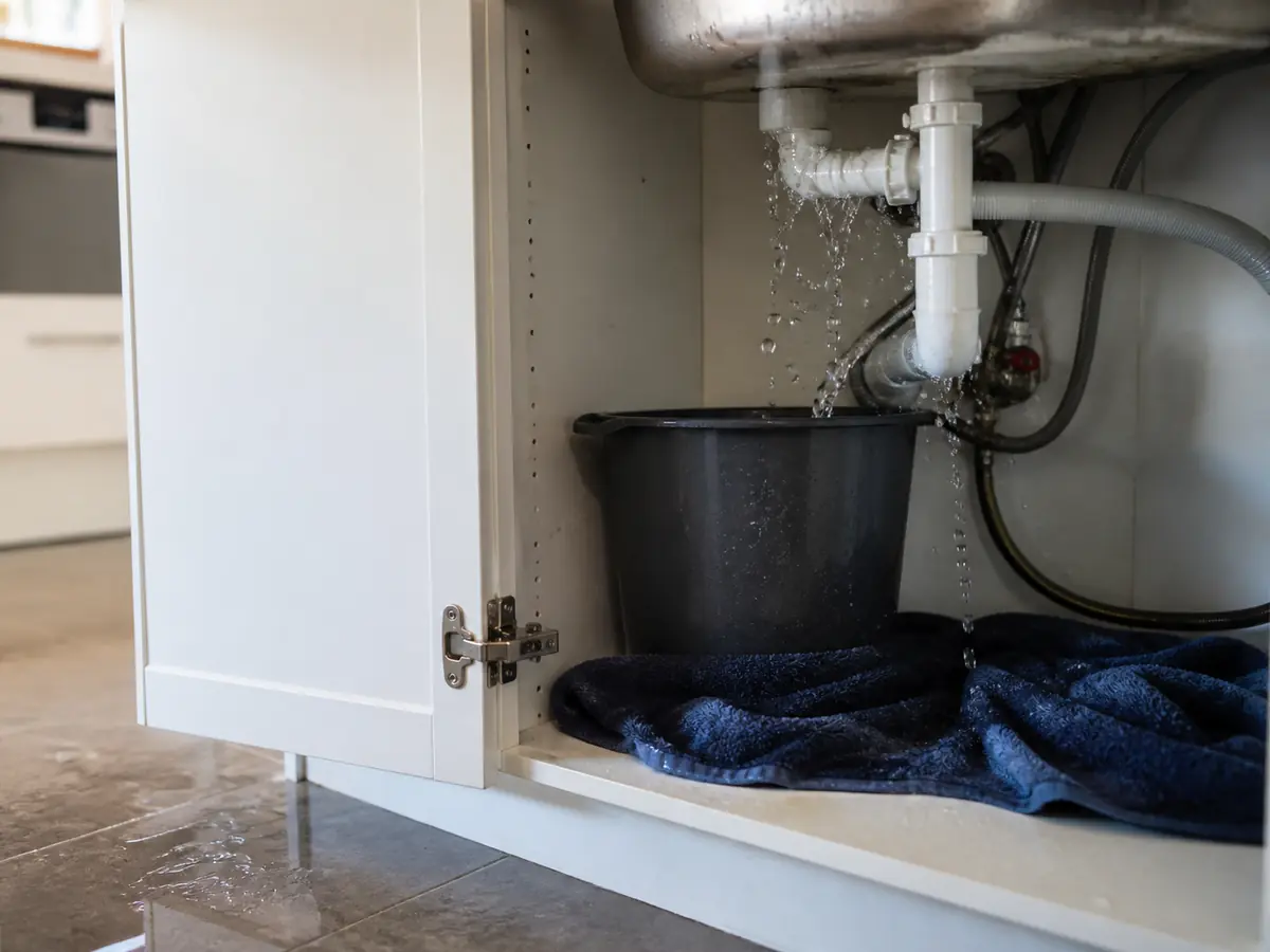 Water leaking from pipes under a kitchen sink with a bucket below