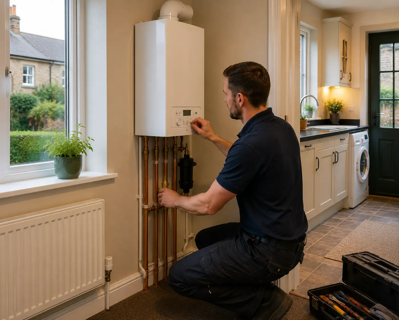 Commercial gas engineer adjusting a boiler in a kitchen.
