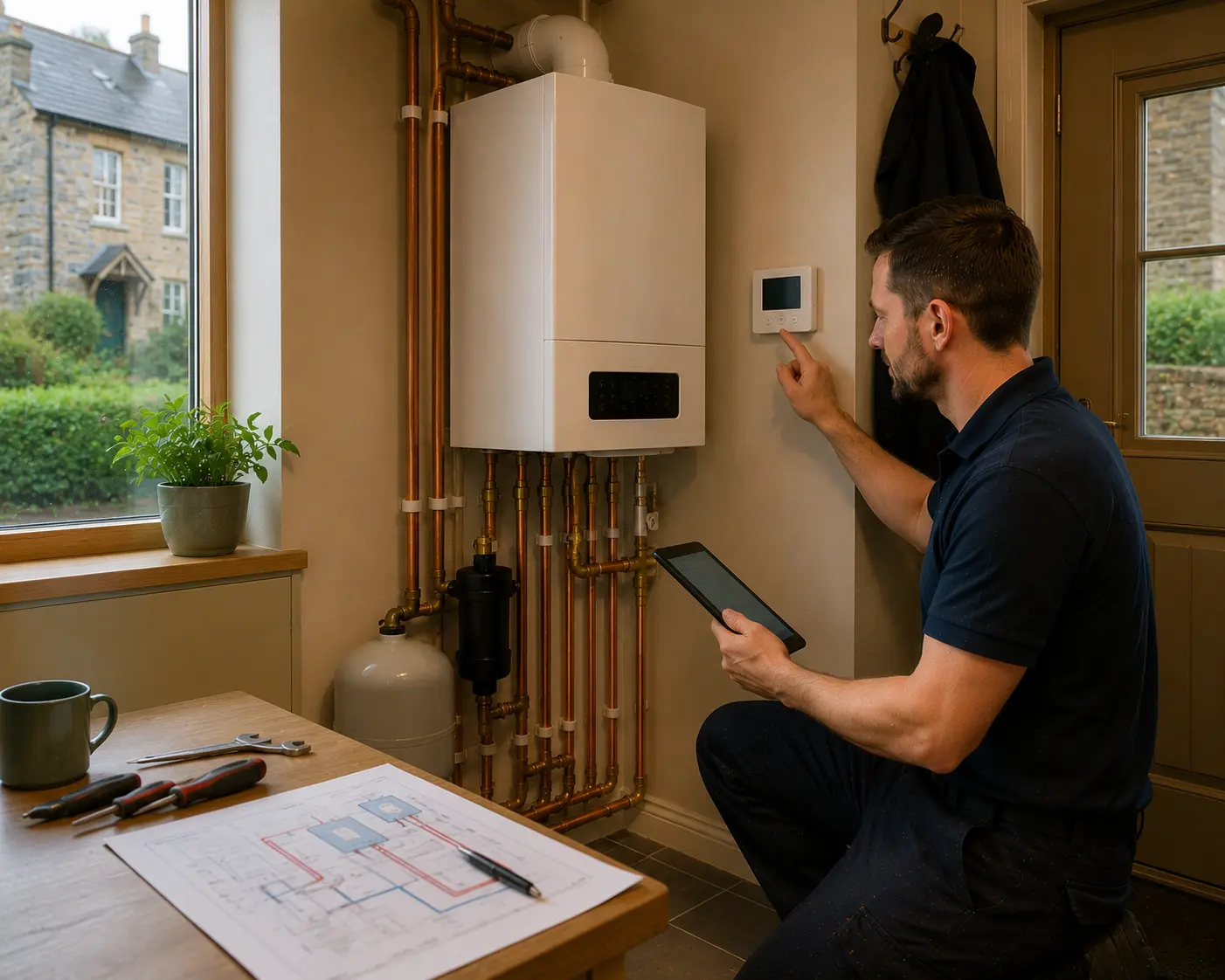 Gas engineer adjusting a thermostat near gas pipework