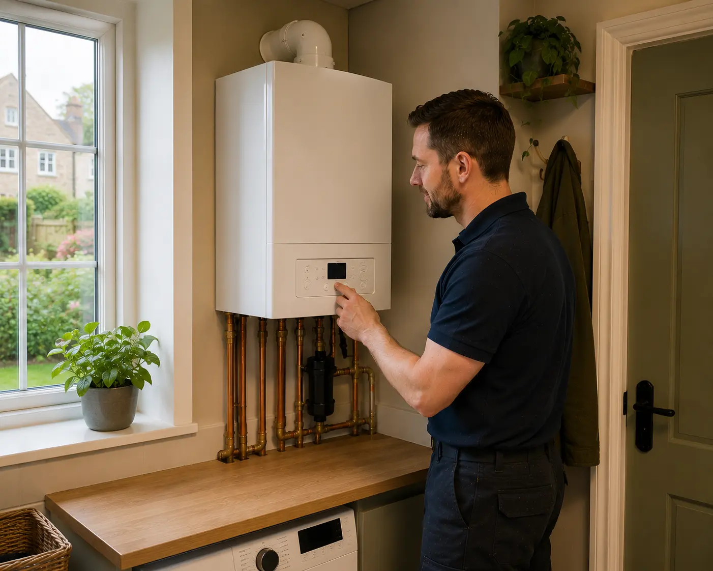 Commercial gas engineer operating a boiler control panel