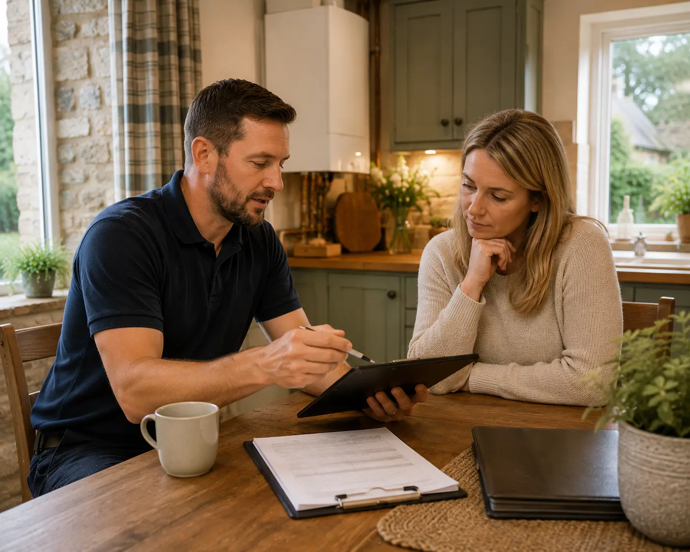 Commercial gas engineer discussing plans with a client