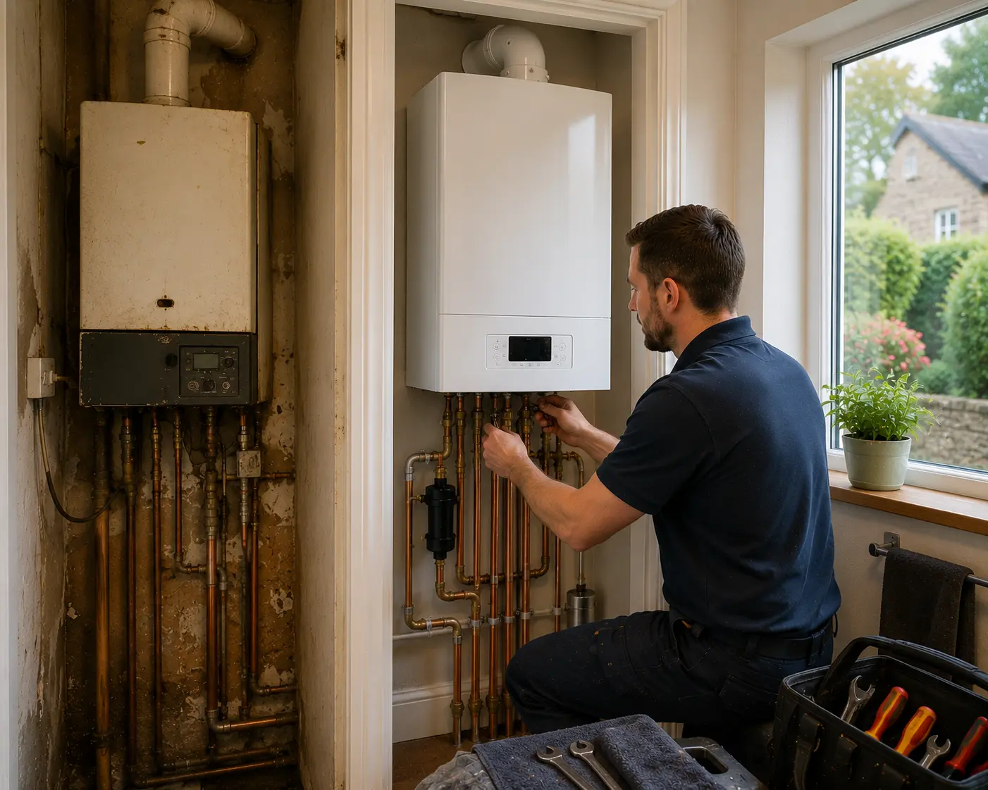 Gas engineer servicing a boiler and pipework in a home.