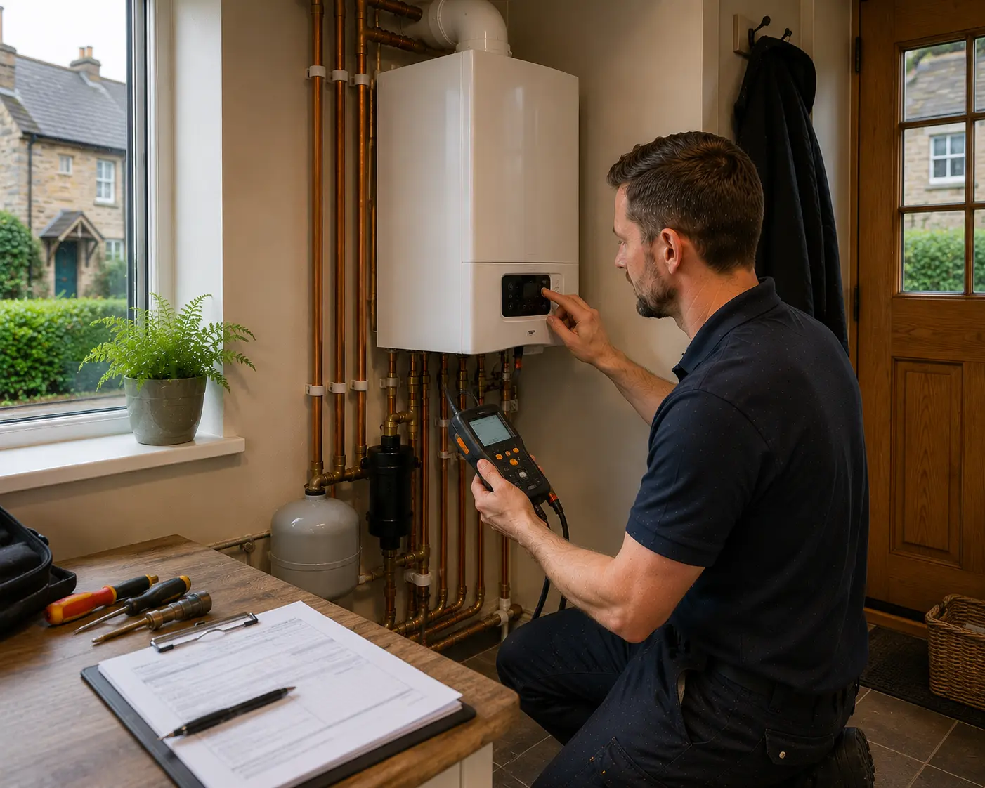 Commercial gas engineer checking a heating system in a home
