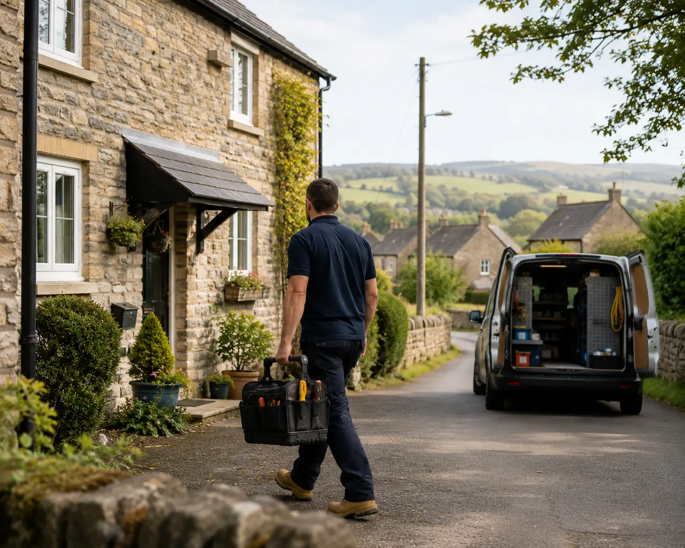 Commercial gas engineer with toolkit walking towards a house