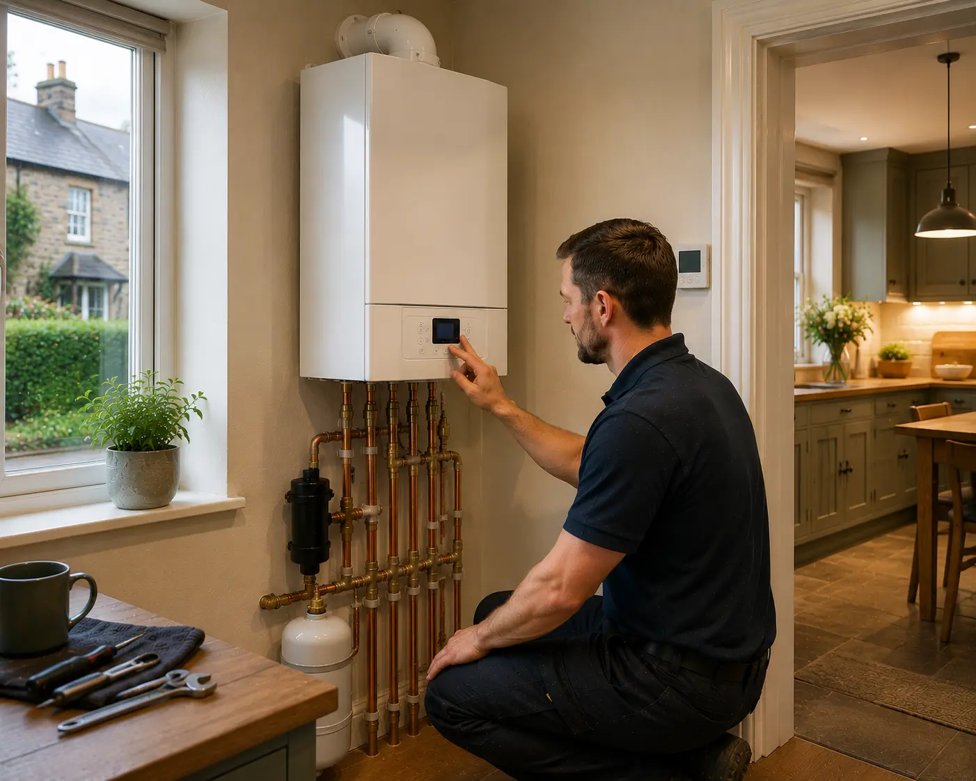 Commercial gas engineer operating a boiler in a modern kitchen