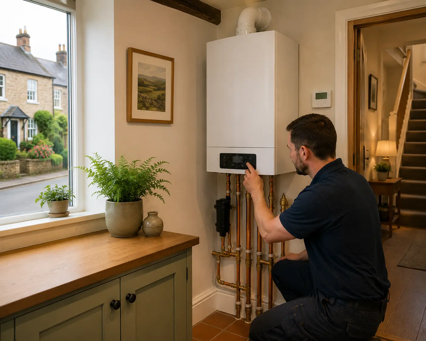 Gas engineer adjusting settings on a residential boiler