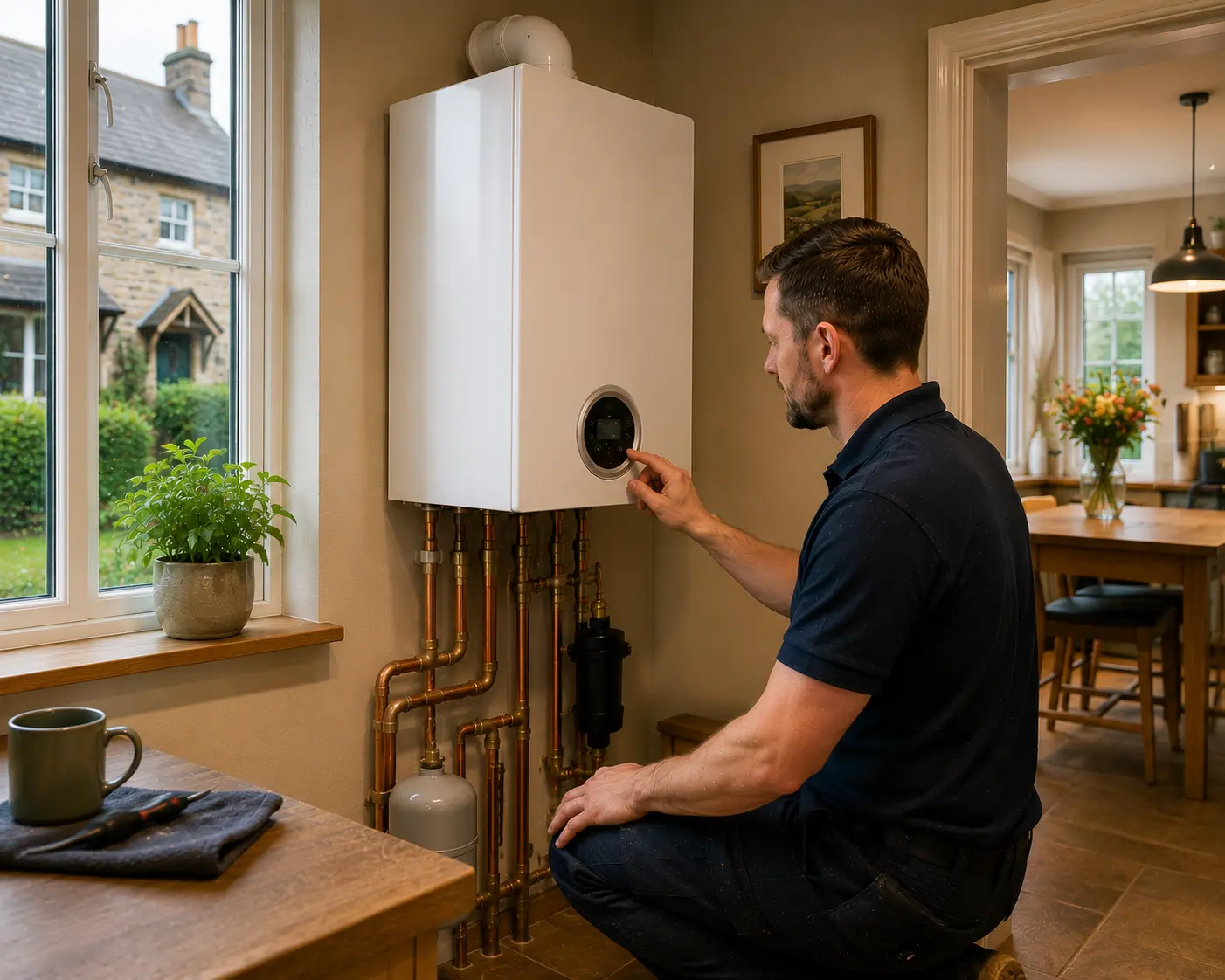 A commercial gas engineer adjusting a boiler in a modern kitchen.