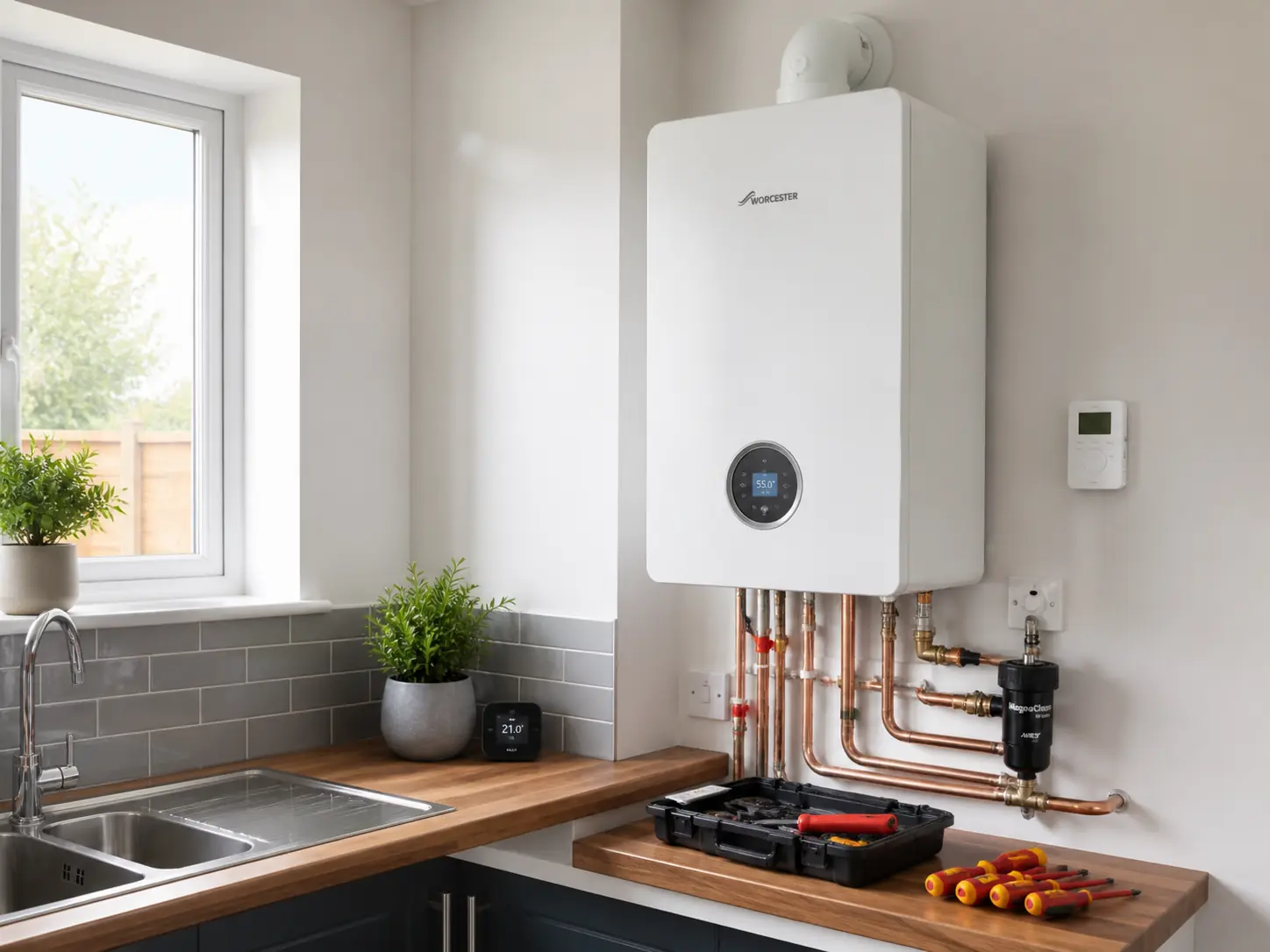 Gas boiler installation with pipework and tools in a kitchen