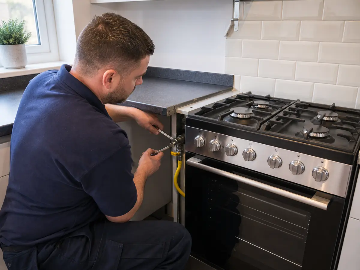 Commercial gas engineer servicing a gas cooker in a kitchen
