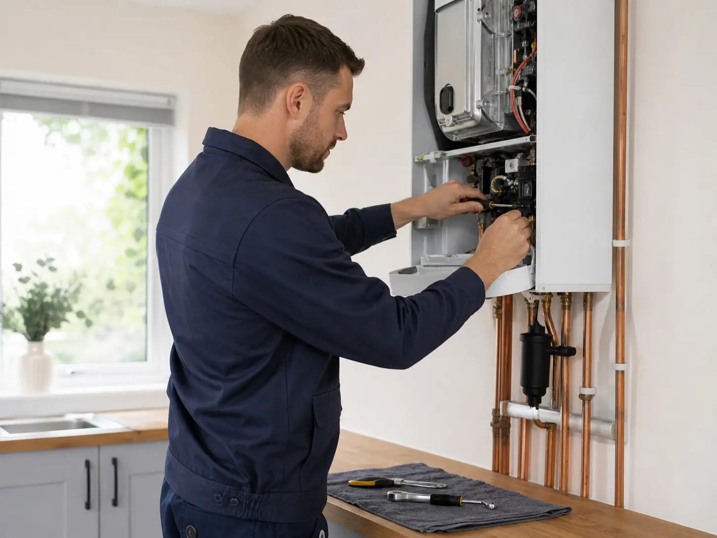 Commercial gas engineer working on a boiler installation
