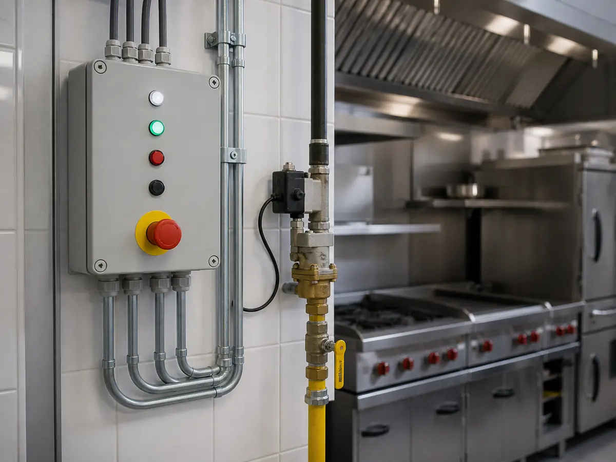 Gas control panel and appliances in a commercial kitchen